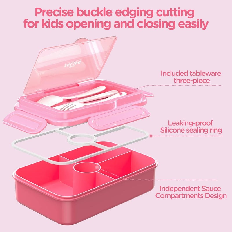 Jelife Kids Lunch Bento Box, Large Bento-Style Leakproof Boxes 4 Compartments Girls Snack Containers with Tableware for Back to School, Reusable On-the-Go Meal and Packing, Pink - Image 3